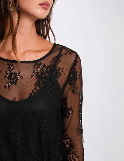Camiseta de encaje manga larga negro mujer
