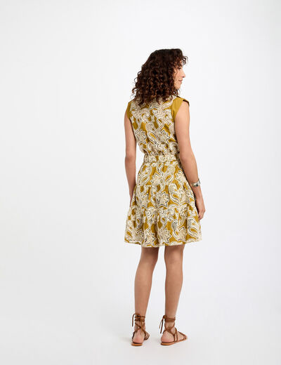 Vestido evasé bordado verde caqui mujer