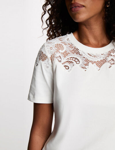 Camiseta de encaje manga corta blanco mujer