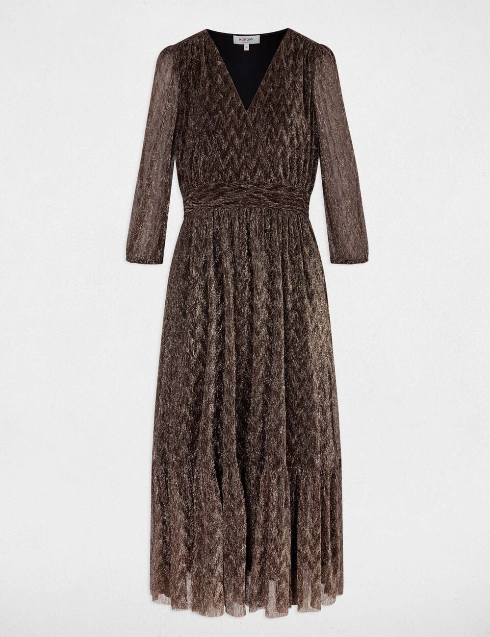 Vestido largo plisado color bronce mujer