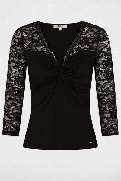 Camiseta manga 3/4 con encaje negro mujer
