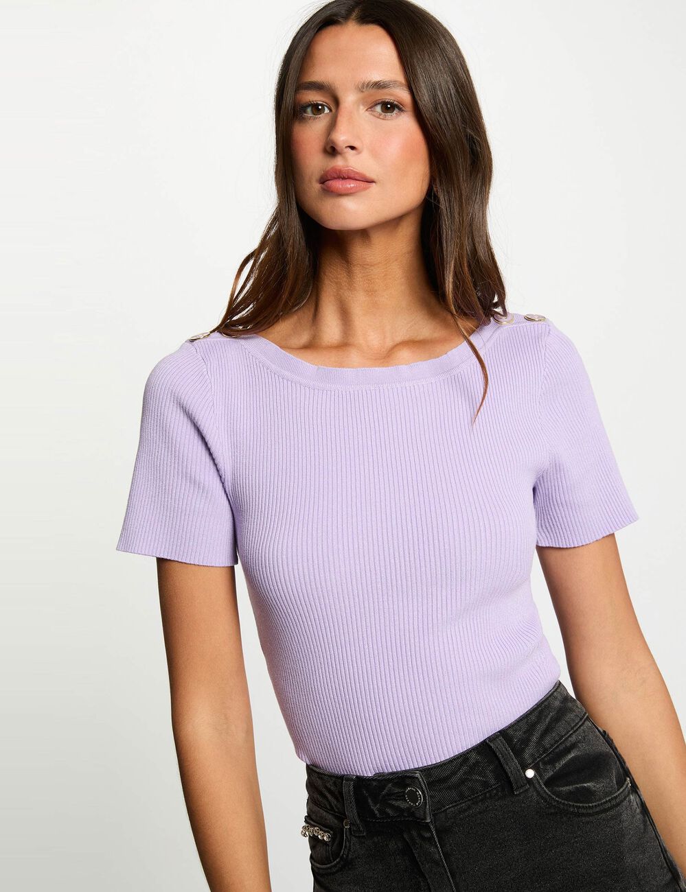Jersey cuello barco y botones morado mujer