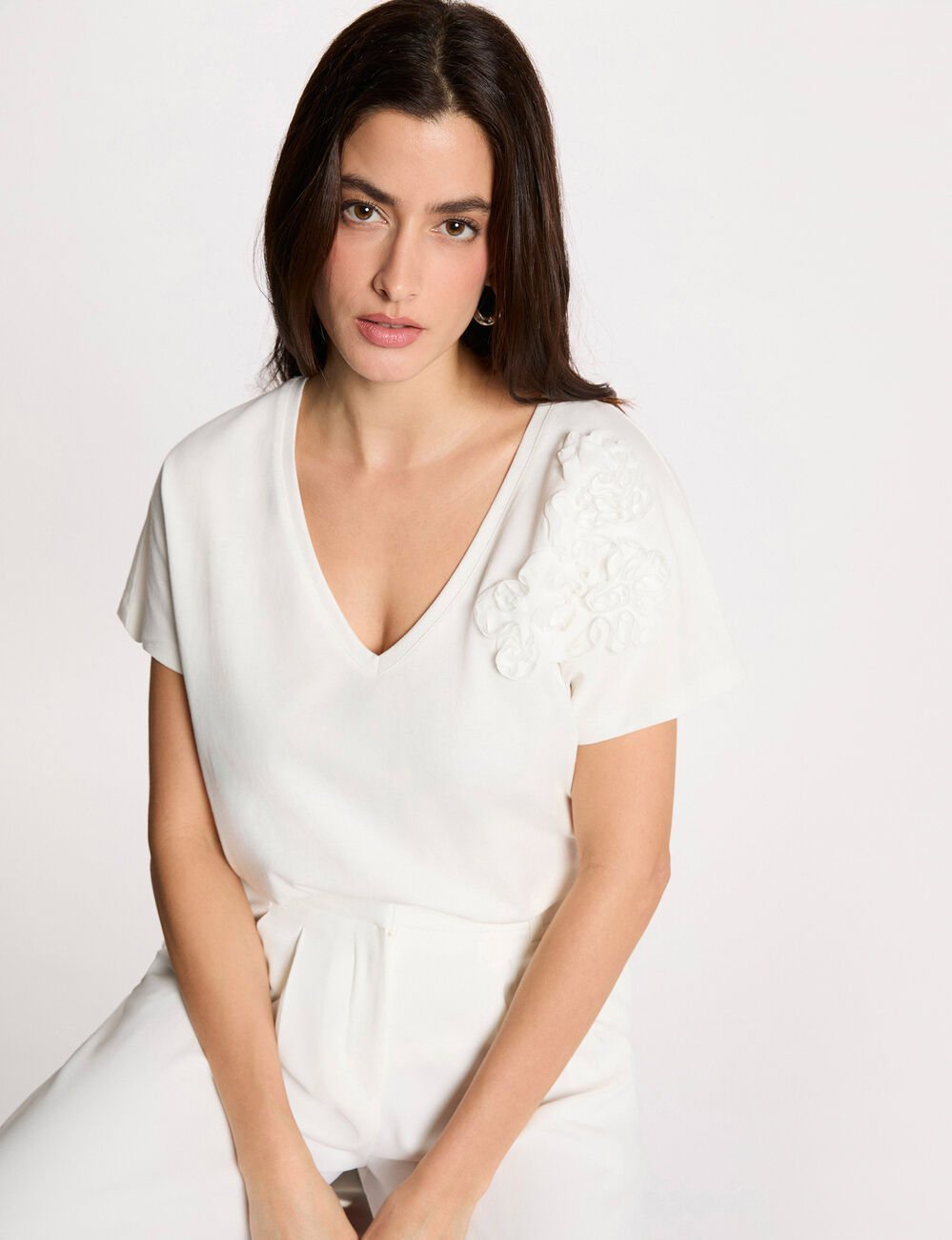 Camiseta cuello v manga corta blanco mujer