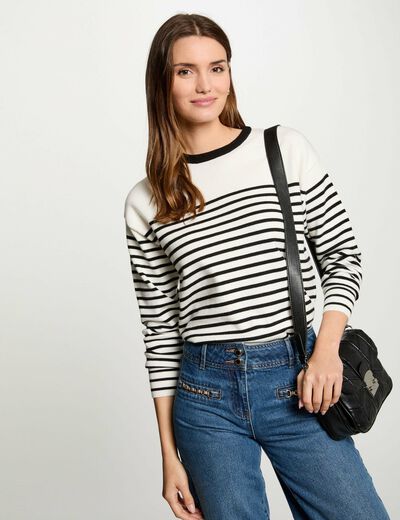 Jersey cuello redondo y rayas blanco mujer