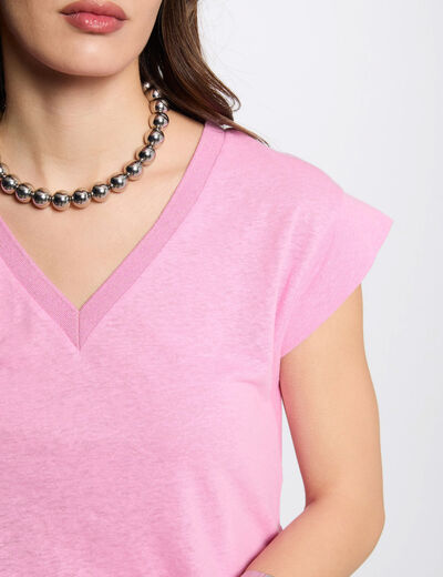 Camiseta manga corta con escote en V rosa mujer