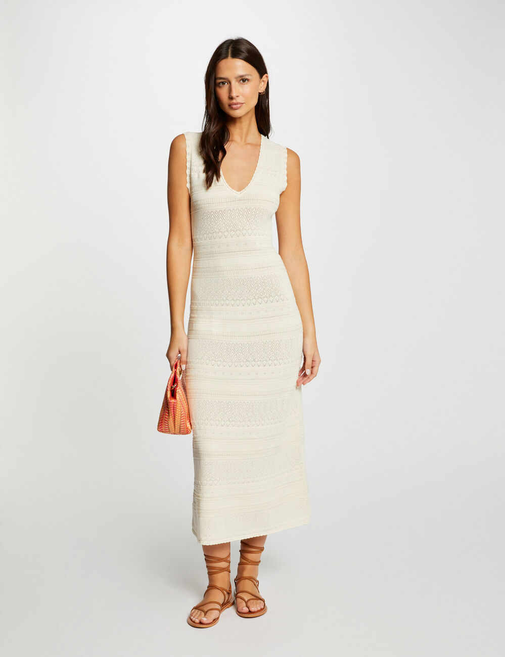 Vestido punto largo ajustado marfil mujer