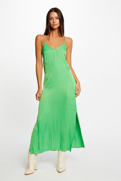 Vestido largo acampanado de satén verde claro mujer