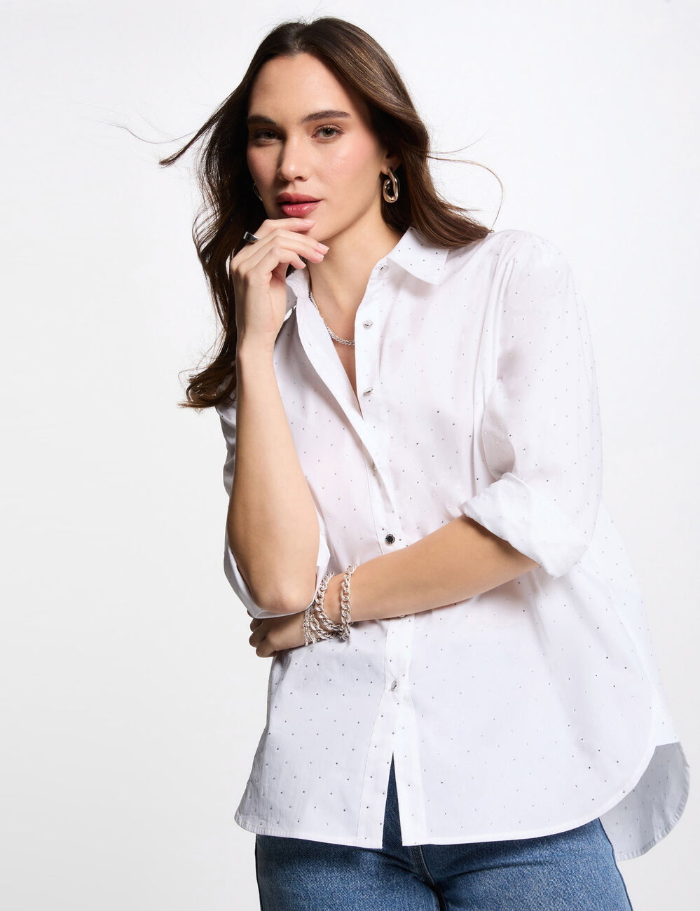 Camisa manga larga strass blanco mujer