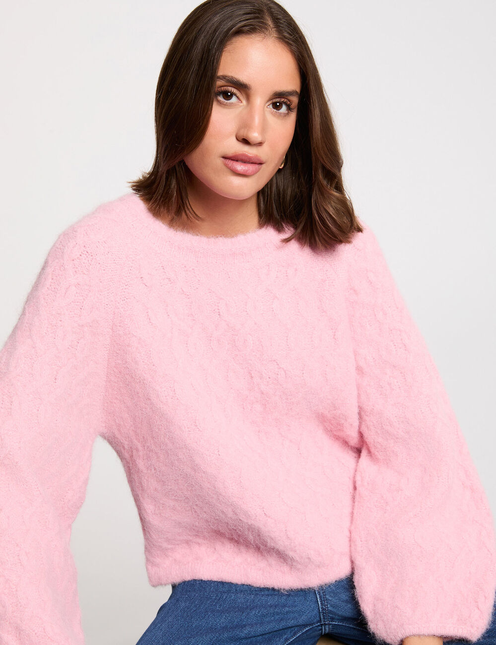 Jersey grueso con cuello redondo rosa mujer