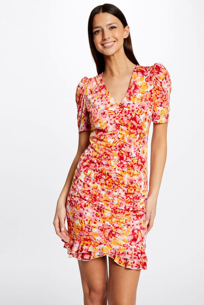 Vestido ajustado fruncido estampado multicolor mujer