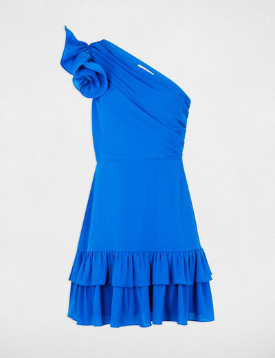 Vestido corto evasé volantes azul eléctrico mujer
