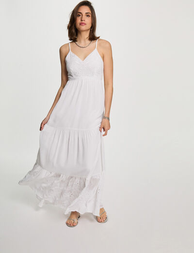 Vestido largo holgado bordado blanco mujer