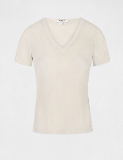 Camiseta manga corta con escote en V marfil mujer