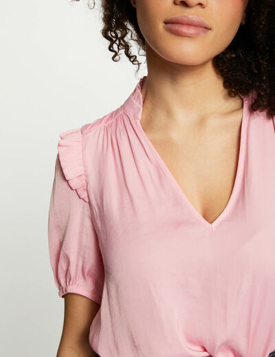 Blusa escote en V y volantes rosa medio mujer