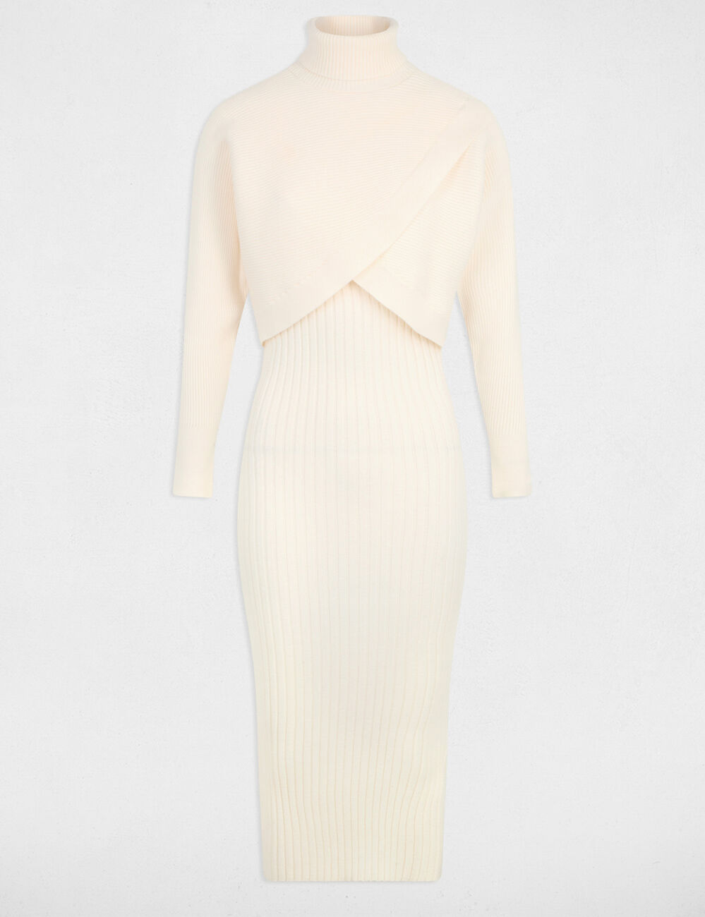 Vestido de punto con cuello alto marfil mujer