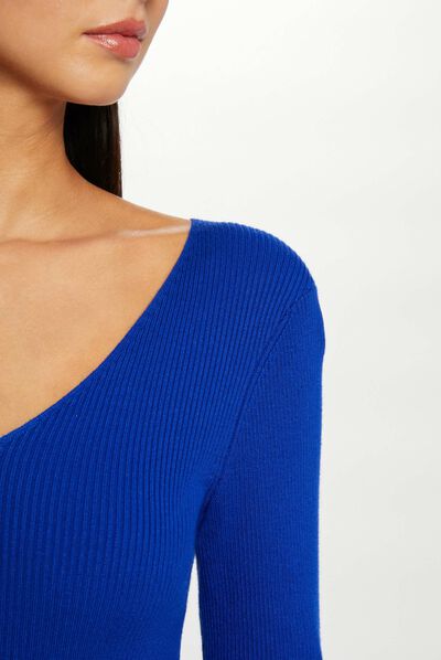 Jersey manga larga con escote en V azul eléctrico mujer