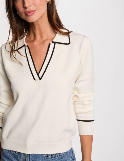 Jersey cuello polo marfil mujer