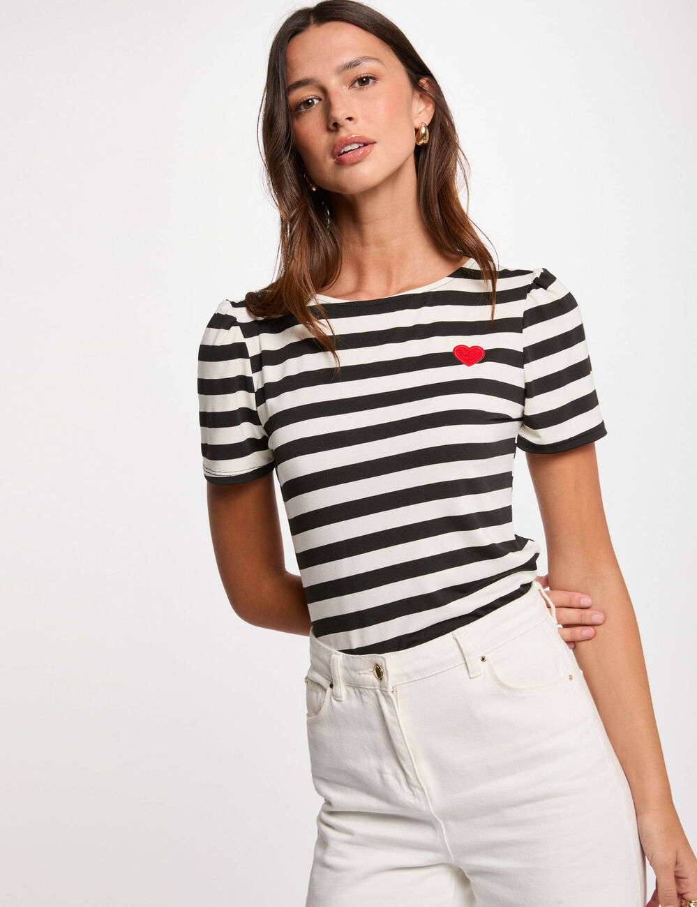 Camiseta manga corta rayada blanco mujer
