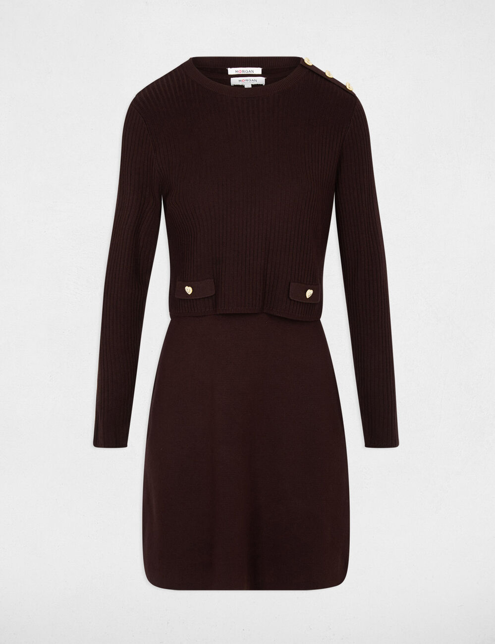 Vestido corto de punto efecto 2 en 1 marr&oacute;n oscuro mujer
