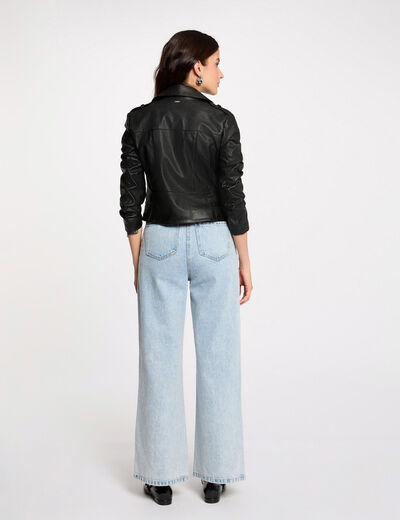 Chaqueta entallada de cuero sint&eacute;tico negro mujer