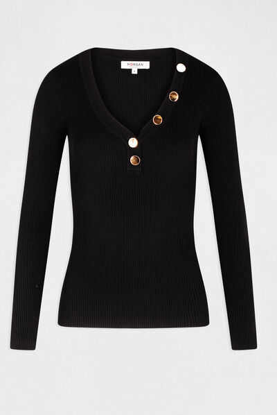 Jersey de manga larga punto fino botones negro mujer