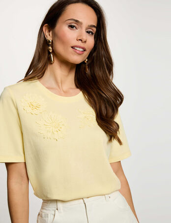 Camiseta recta cuello redondo amarillo pastel mujer