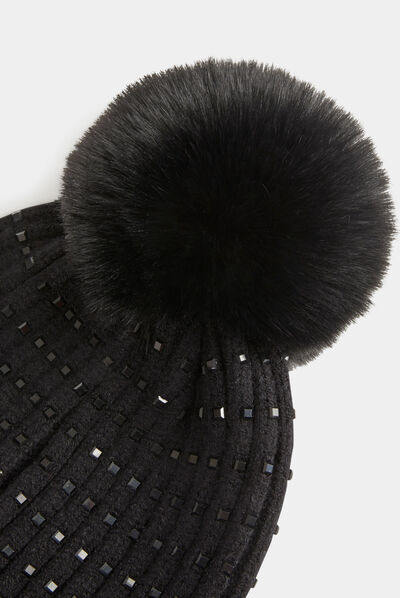 Gorro con strass y pompón negro mujer