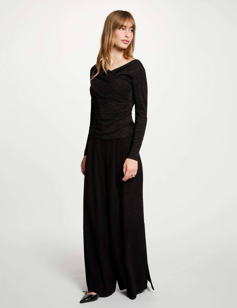 Tejido escote mangas largas negro mujer