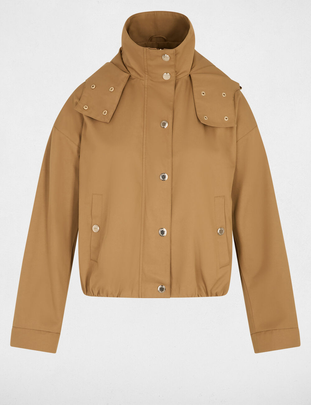 Chaqueta corta con cuello alto c&aacute;mel mujer