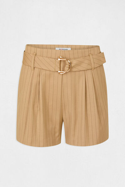 Short holgado con cinturón y rayas beis mujer