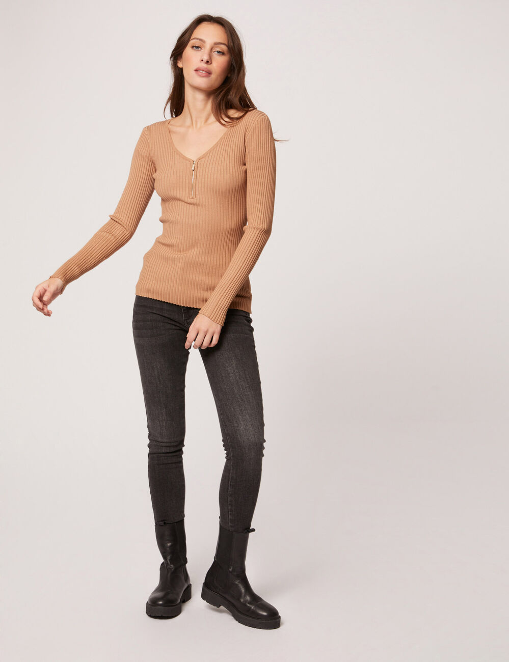 Jersey manga larga punto acanalado c&aacute;mel mujer