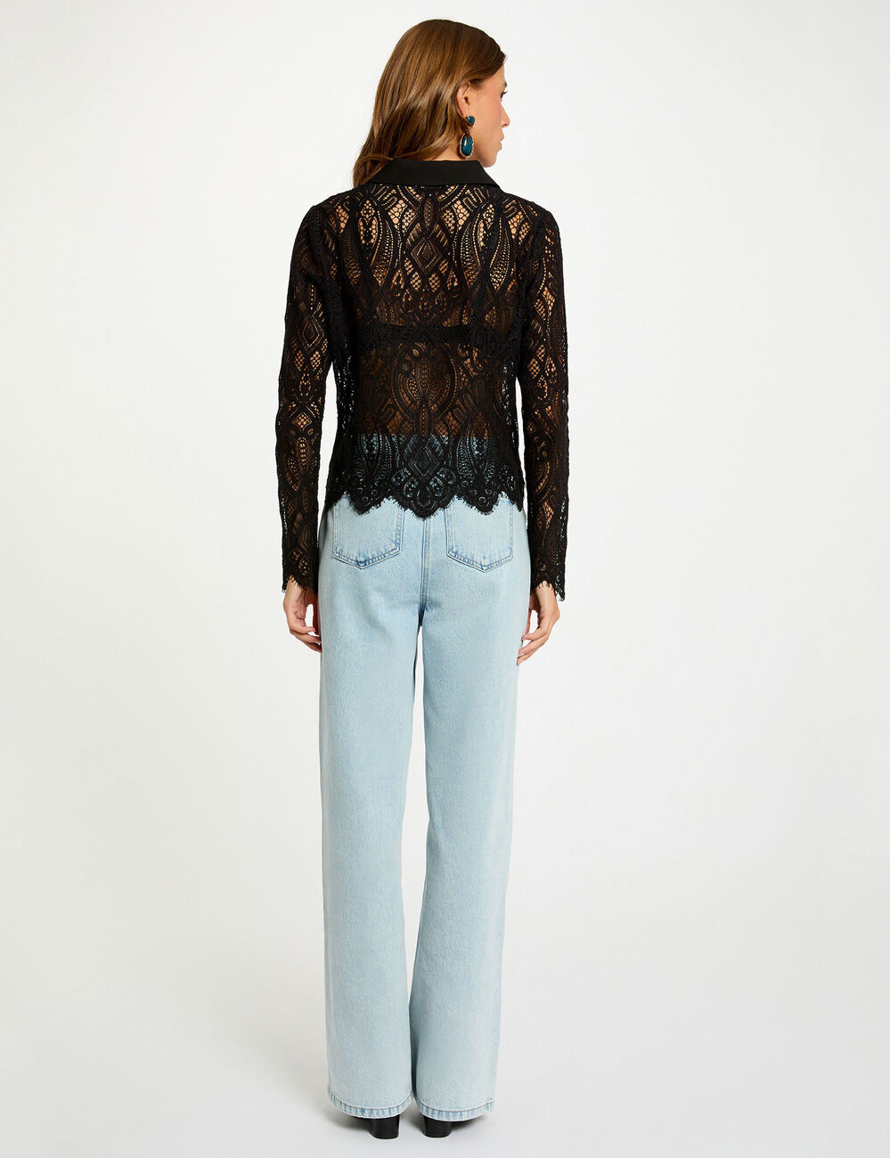 Camisa corta de encaje negro mujer