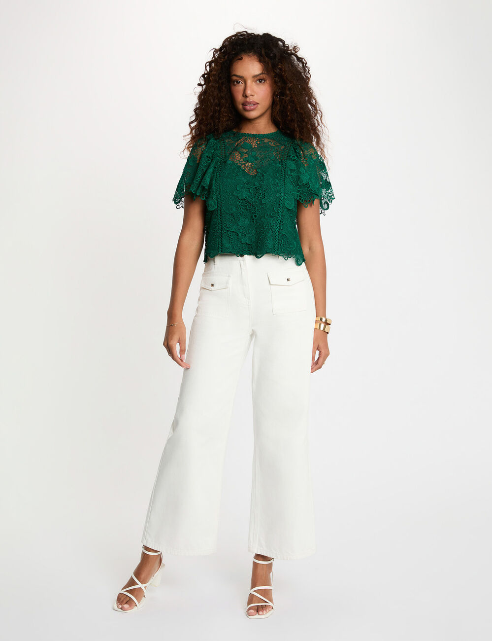 Top de encaje con cuello redondo verde mujer