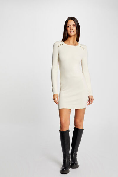 Vestido de punto ajustado manga larga marfil mujer