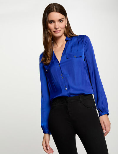 Camisa manga larga satinada azul mujer