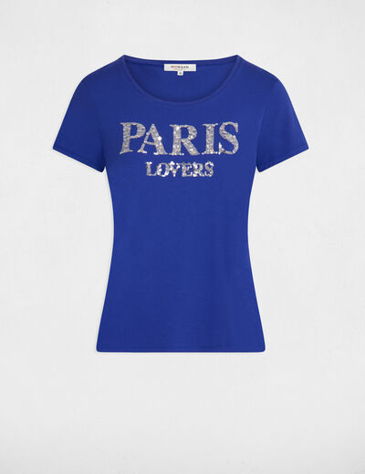 Camiseta mensaje y lentejuelas azul eléctrico mujer