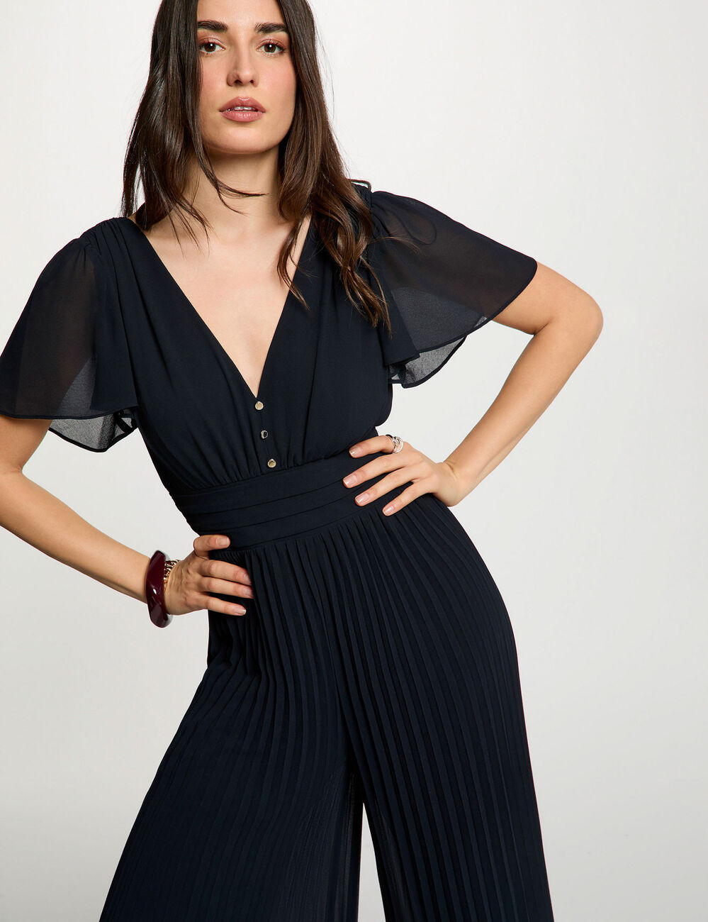 Mono plisado con cuello en v azul marino mujer
