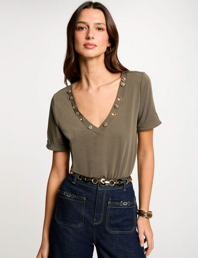 Camiseta manga corta verde caqui mujer