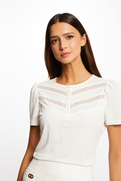 Camiseta manga corta con encaje crudo mujer