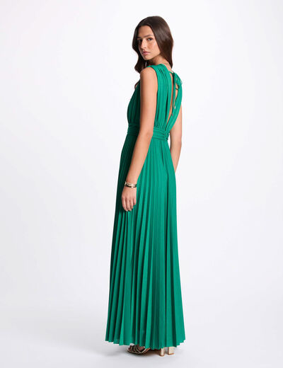 Vestido largo recto plisado verde emeralda mujer