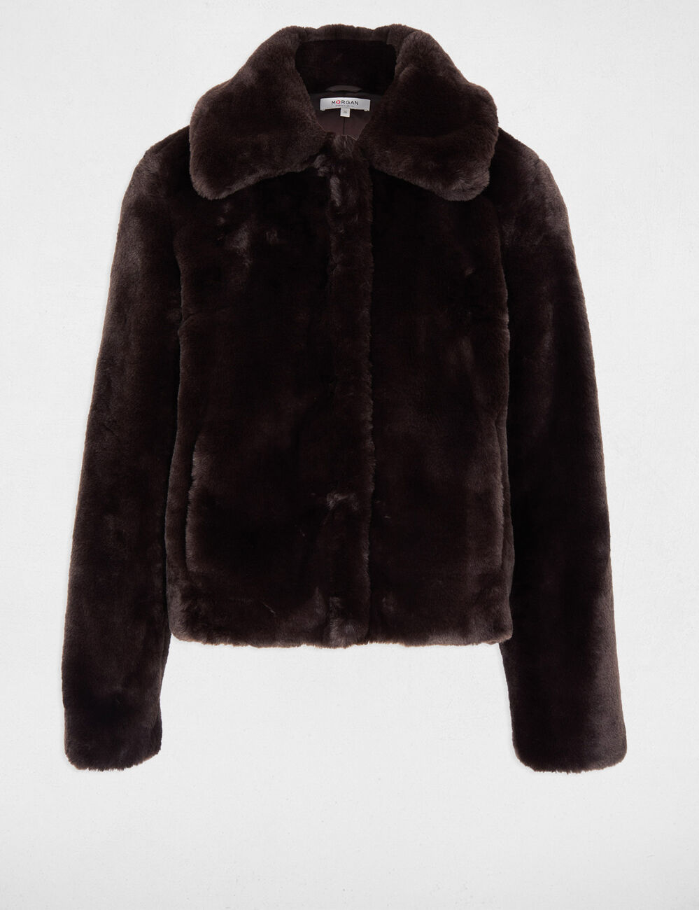 Chaqueta corta de piel sint&eacute;tica marr&oacute;n oscuro mujer