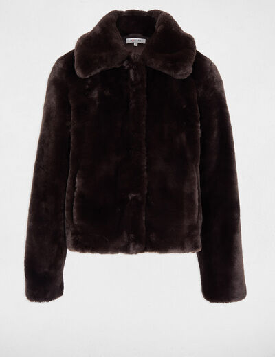 Chaqueta corta de piel sint&eacute;tica marr&oacute;n oscuro mujer
