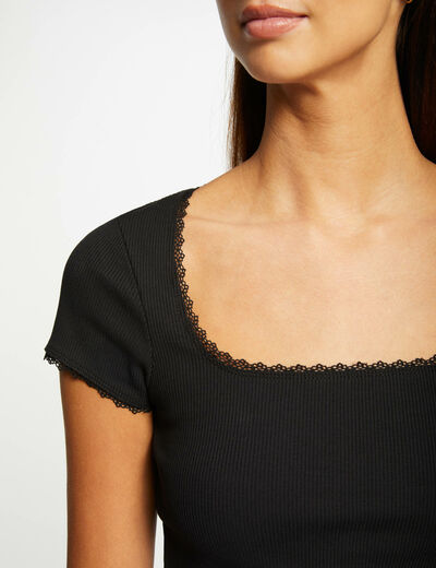 Camiseta acanalada manga corta negro mujer