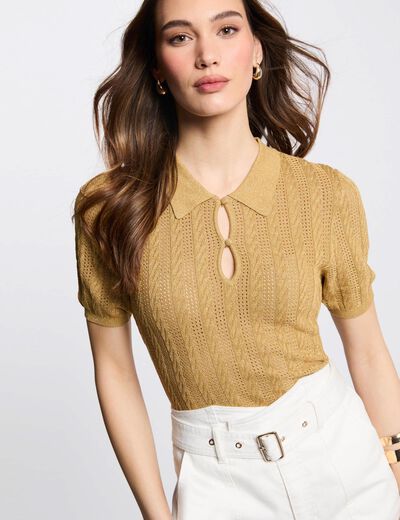 Jersey cuello tipo polo amarillo mostaza mujer