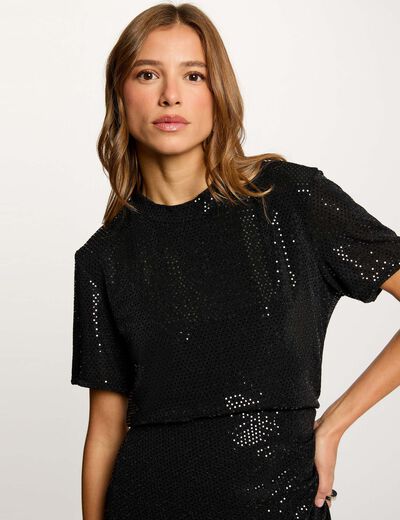 Camiseta de lentejuelas cuello alto negro mujer