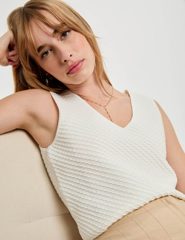 Top punto escote en V blanco mujer