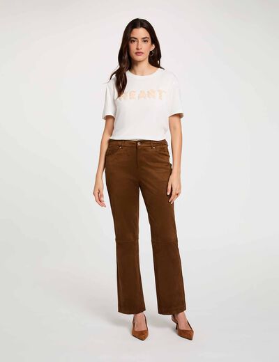 Pantal&oacute;n recto de ante marr&oacute;n chocolate mujer