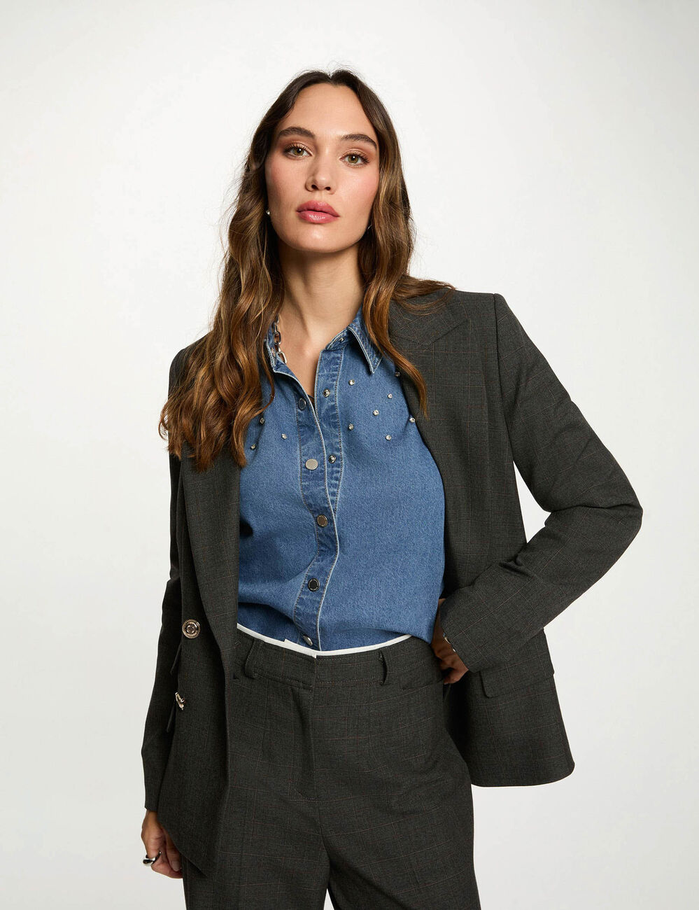 Blazer recto de cuadros gris moyen mujer