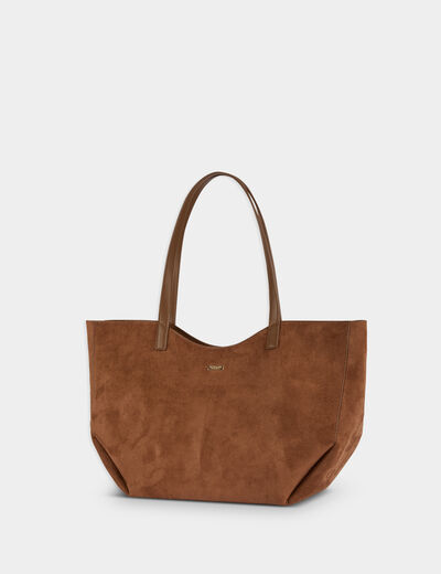 Bolso tote de ante marr&oacute;n co&ntilde;ac mujer