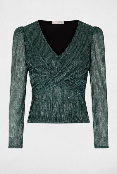 Camiseta manga larga hilos metalizados verde mujer